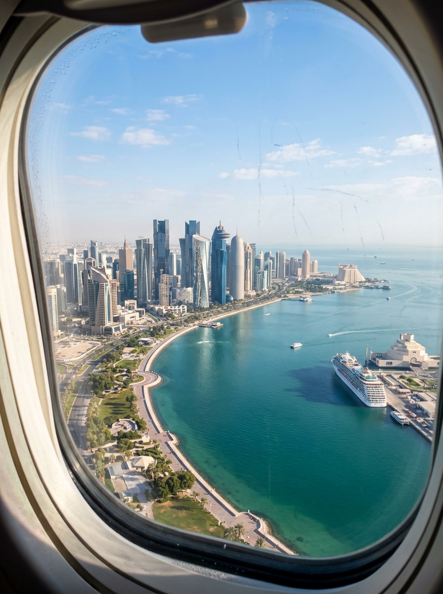 Aerial perspective from airplane window overlooking global destinations